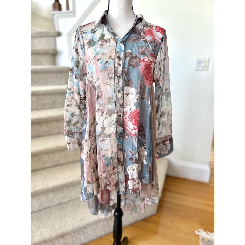 Feratelli Patchwork Pink & Blue Floral Lace Panel High Low Tunic Blouse Boho